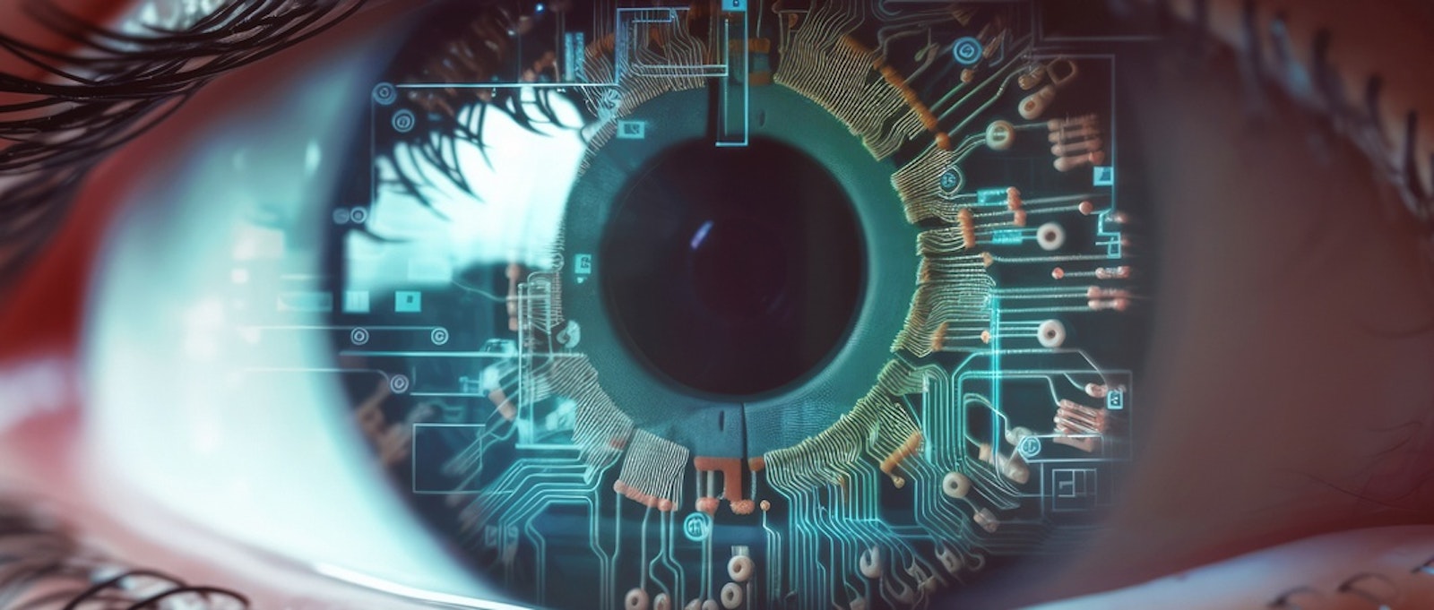 Macro photography of human eye with printed circuits in the iris.