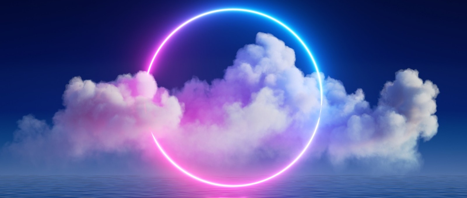 3d render, fantasy background with glowing neon ring and white cloud above the calm water.