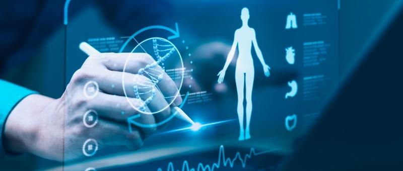 Hand interacting with digital medical interface showing human body silhouette and health data in blue tones.