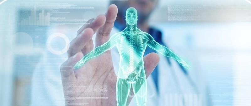 Hand interacting with a glowing turquoise holographic human anatomy display showing skeletal and muscular systems.