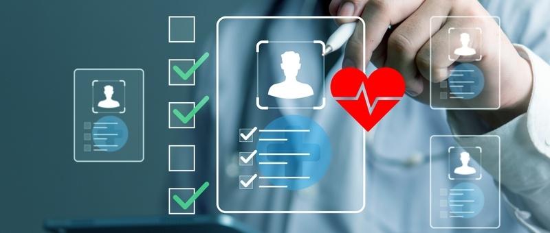 Hand interacting with digital healthcare interface showing patient profiles, checklists, and a heart rate symbol.