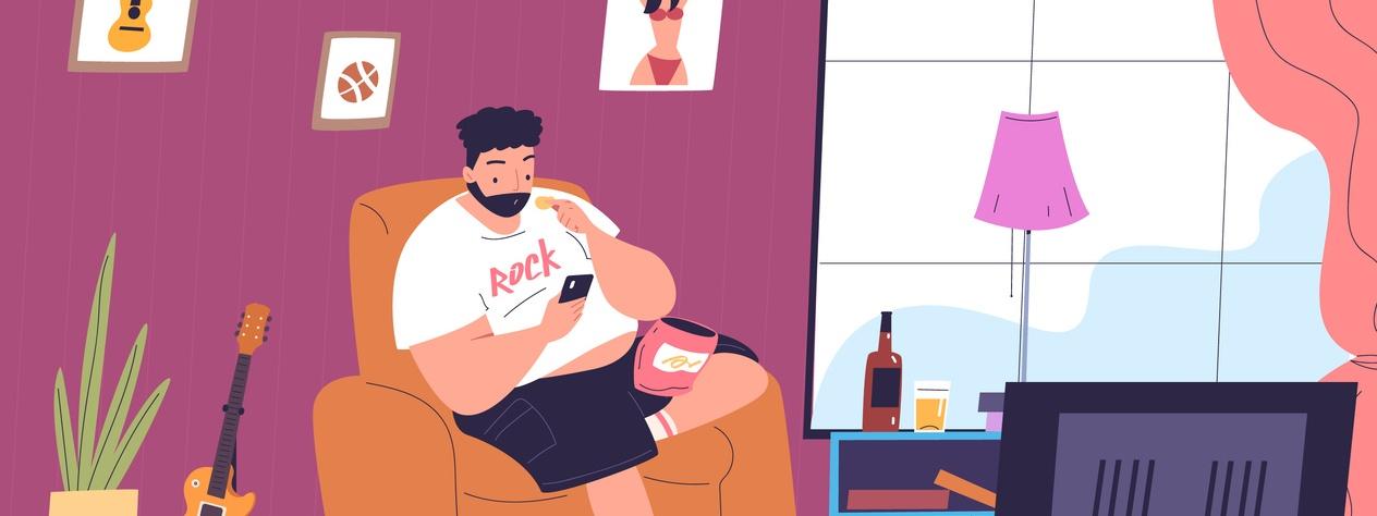 Drawing of a man sitting on a sofa, eating crisps and scrolling on his phone.