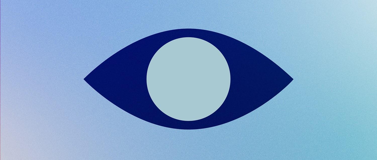 Minimalist graphic of a dark blue eye symbol with light blue iris against a gradient blue background.